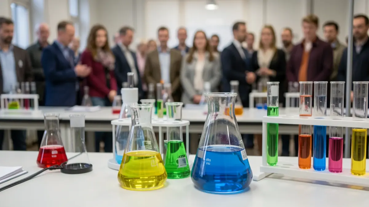 Generic image of science laboratory equipment with beakers and test tubes containing colorful liquids.