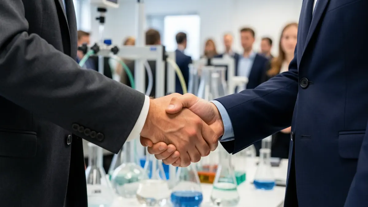 Handshake symbolizing a partnership between Mines Saint-Étienne and the University of Hanoi for industrial decarbonization.