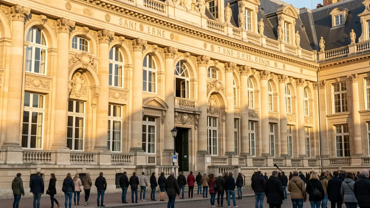 Generic image of a historic university building facade with ornate architectural details and large windows, bathed in warm afternoon sunlight.