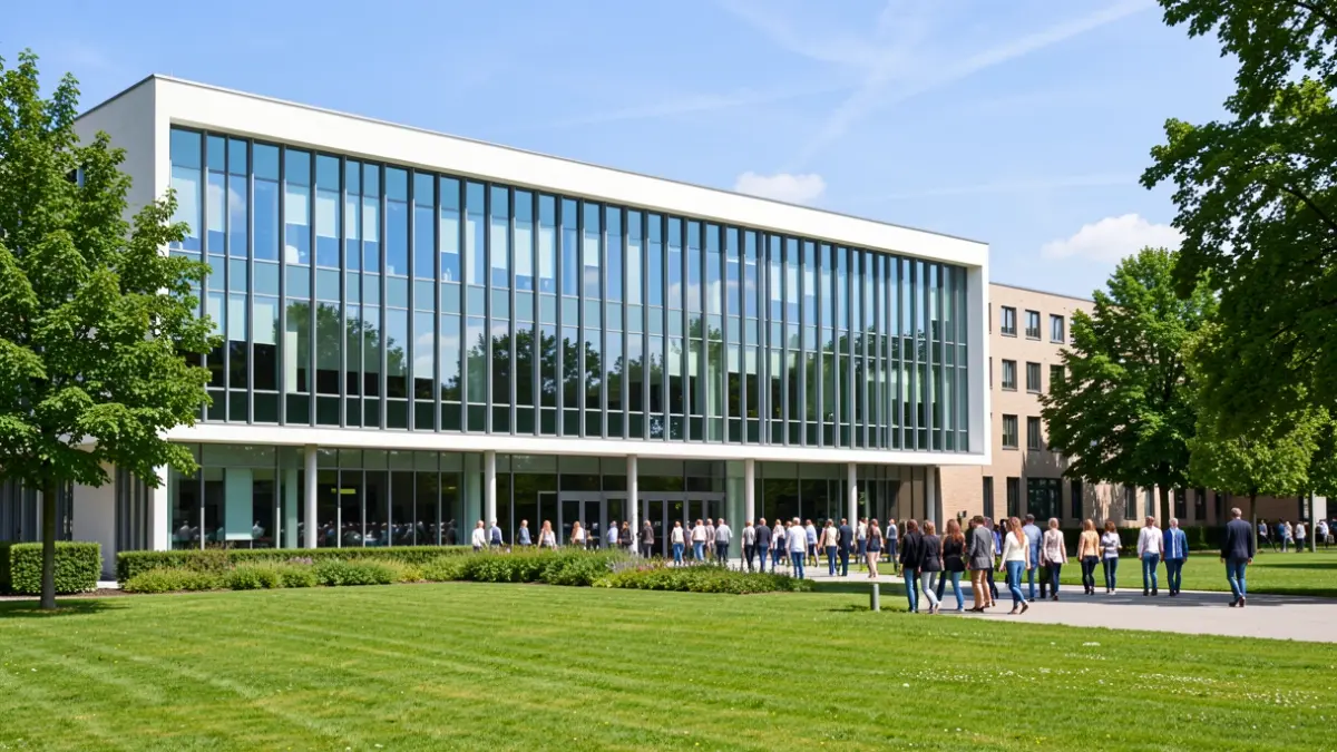 Image générique d'un bâtiment universitaire moderne avec de grandes fenêtres reflétant un ciel bleu, entouré d'espaces verts sur le campus, lumière du jour vive, lignes architecturales épurées, style photographie documentaire.
