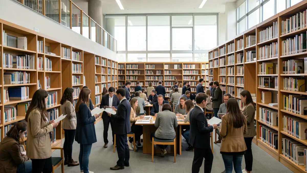 Generic image of a delegation of students and professors from Mines Saint-Étienne in a Japanese university library.