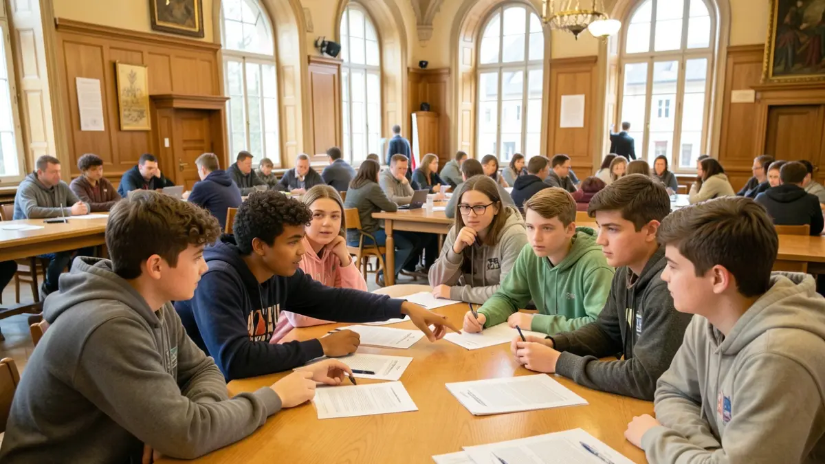 Generic image of young participants in a municipal council room, showing engagement and collaboration.