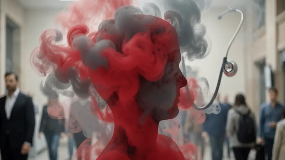 Generic image of red and grey gas clouds swirling around a human head silhouette, with blurred medical elements in the background.