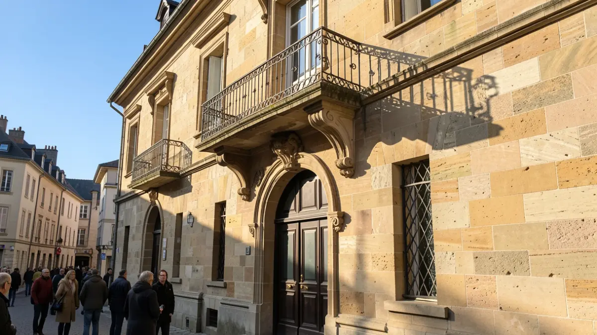 Generic image of the facade of an official building with an ornate balcony, under an afternoon sun.