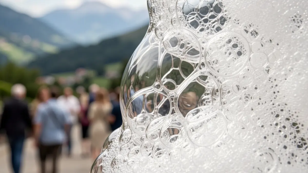 Generic image of the internal structure of a liquid foam undergoing reorganization, with bubbles and dynamics invisible to the naked eye.