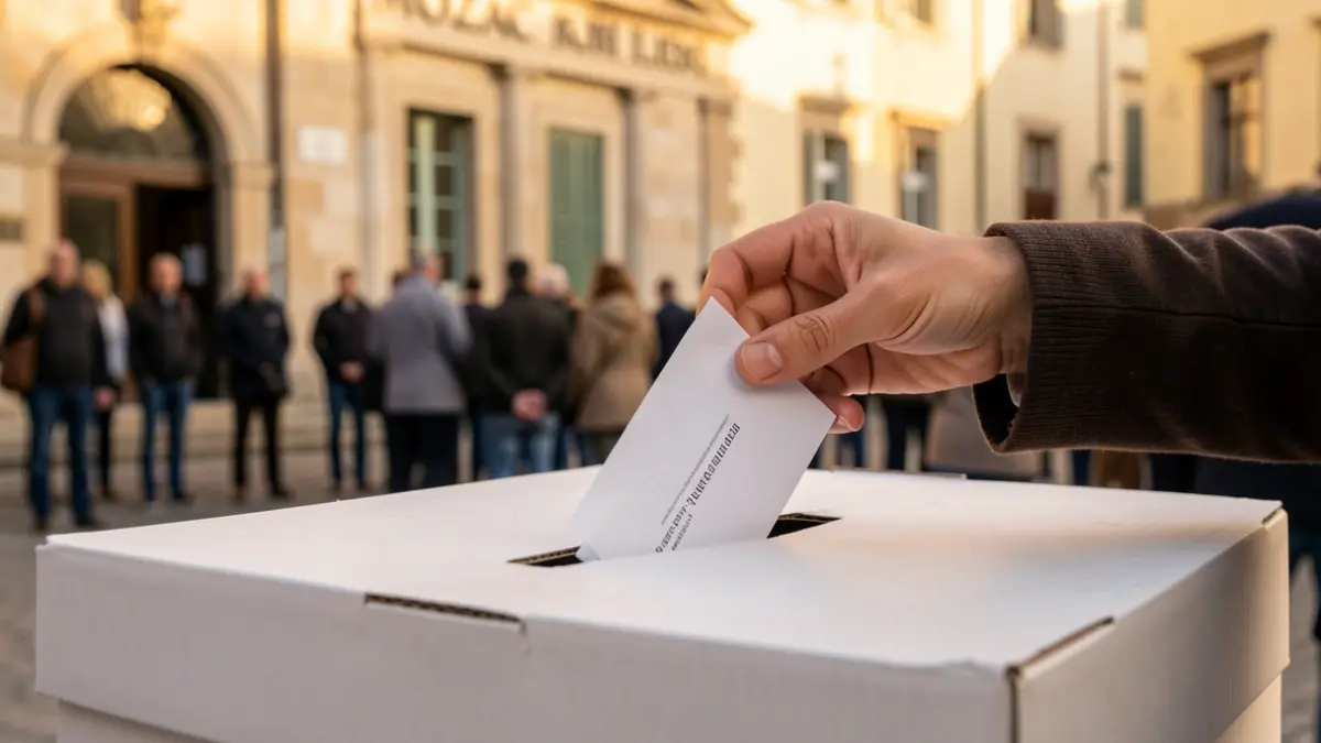 Ballot box with a hand dropping a vote, in front of the Mozac town hall.