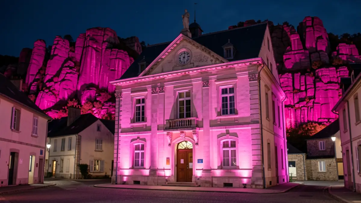 The facade of Murat's Town Hall and the basalt rock formations of the Rocher de Bonnevie illuminated in pink for Pink October.