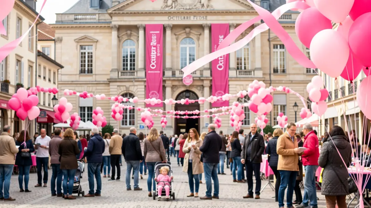 Generic image of the 'Octobre Rose' mobilization in a town, featuring pink decorations and participants.