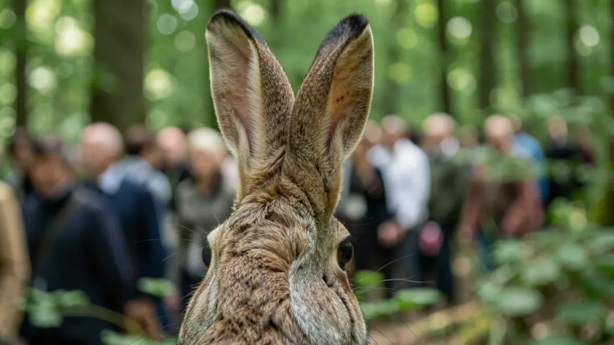Generic image of a hare in its natural environment, with a blurred green background.