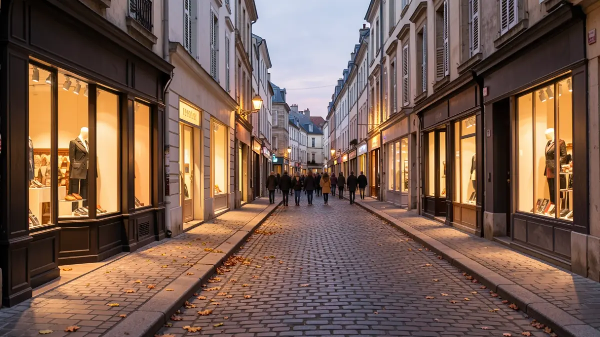 Generic image of a French town street at dusk, with warm lights and a clean atmosphere. No proper names or claim that it depicts the actual event.