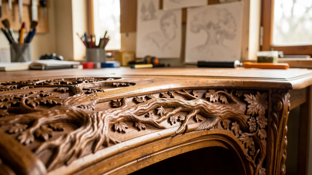 Generic image of a carved wooden desk evoking a forest, in a workshop.