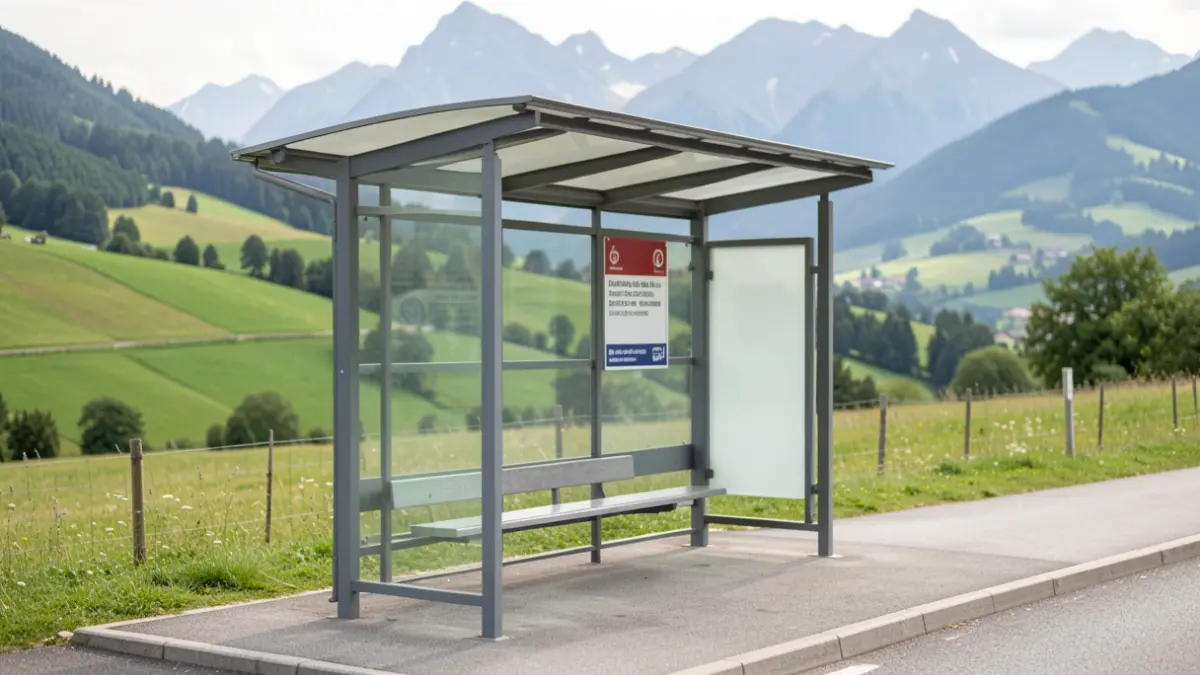 Bus stop in a rural Auvergne-Rhône-Alpes landscape.