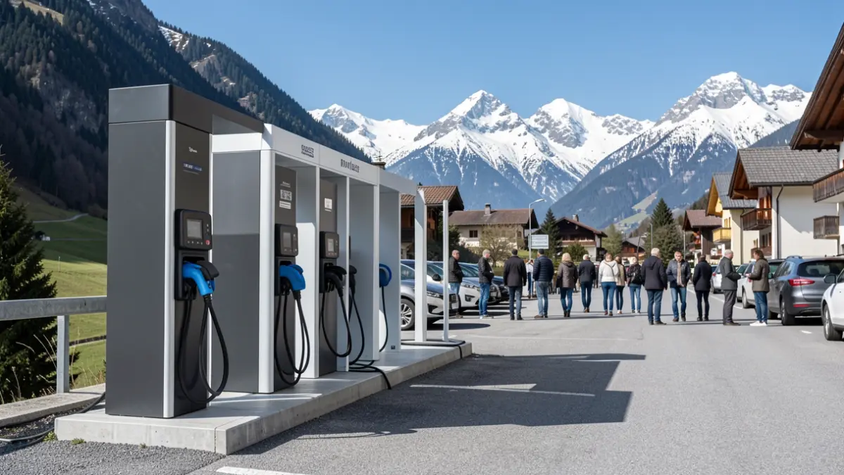 Borne de recharge électrique à Samoëns avec vue sur les montagnes.