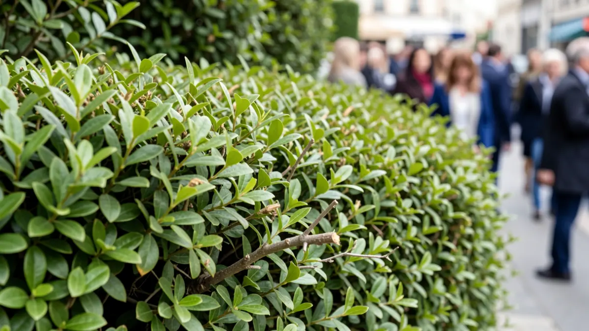 Close-up of a dense, green hedge, showing the texture of the leaves and twigs.