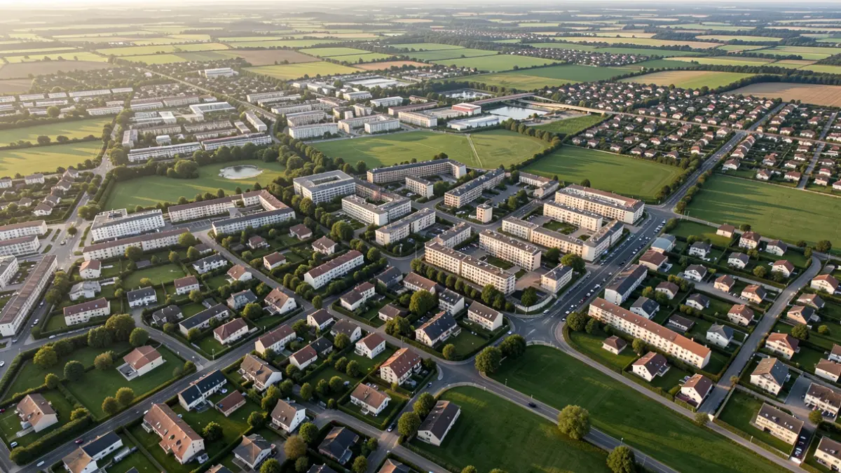 Aerial view of a French intercommunal territory in Auvergne-Rhône-Alpes, showing a mix of urban centers and green spaces.