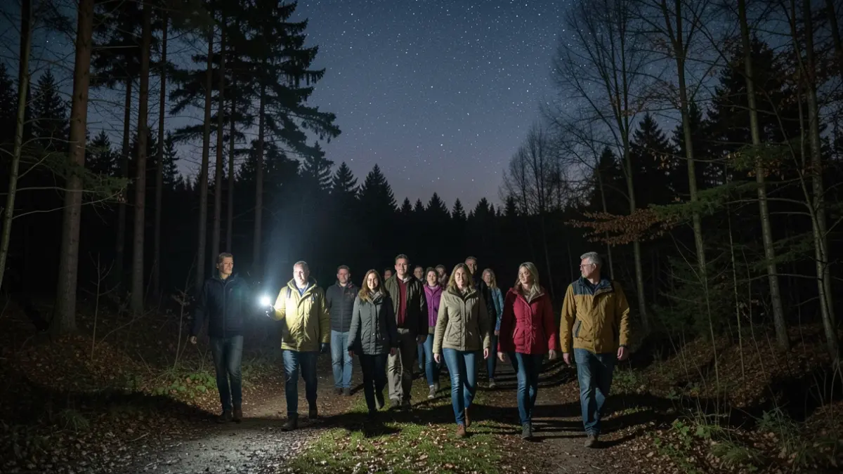 Group of people on a night hike in the Frange verte, guided by a nature expert, under a starry sky.