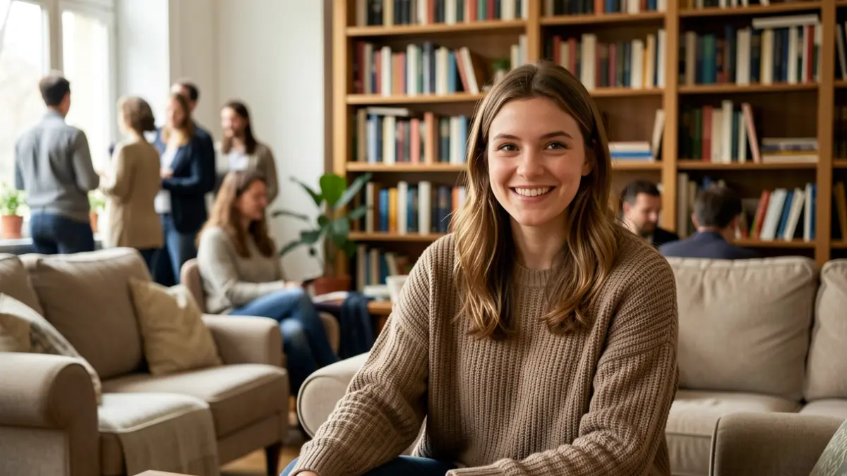 Une jeune femme souriante assise dans un salon avec des étagères.