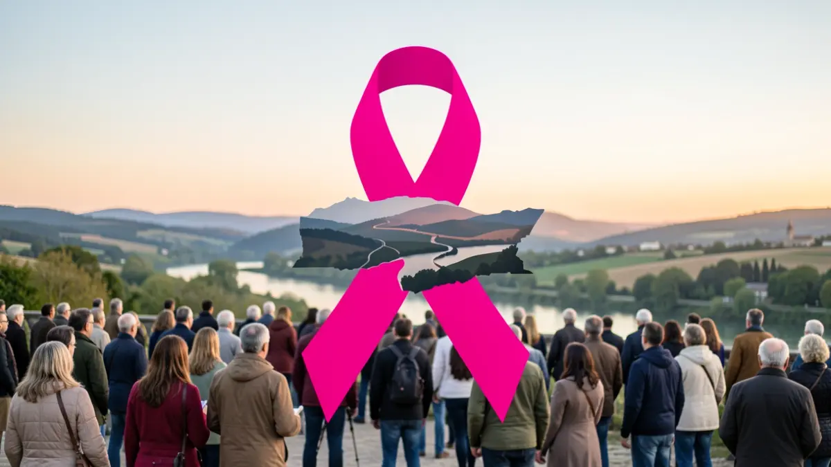 Pink ribbon symbol with the Ardèche landscape.
