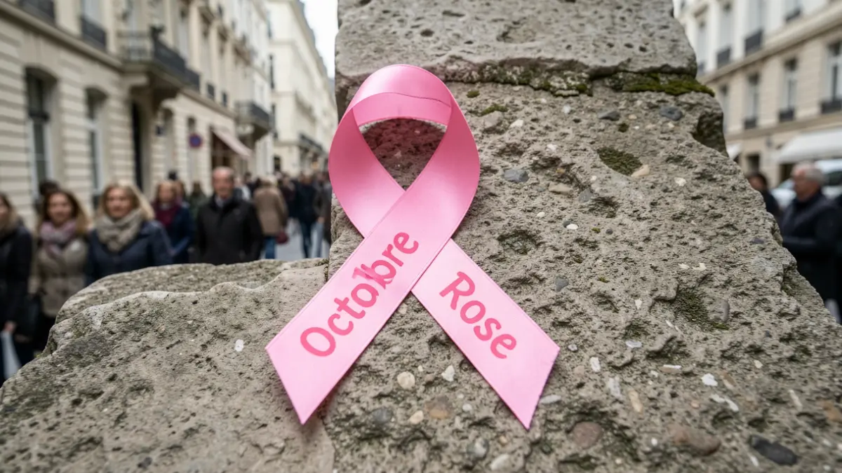 Symbole du ruban rose pour la campagne 'Octobre Rose' sur fond de pierre.