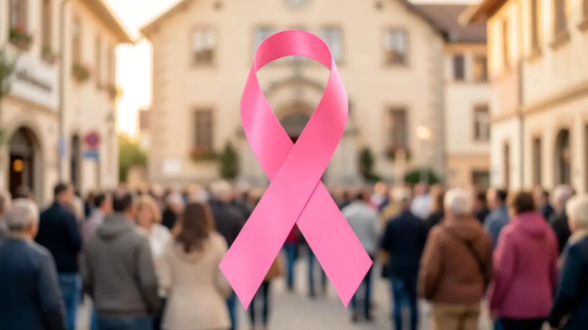 Image générique d'un ruban rose symbolisant la solidarité, sur fond flou d'un lieu communautaire.