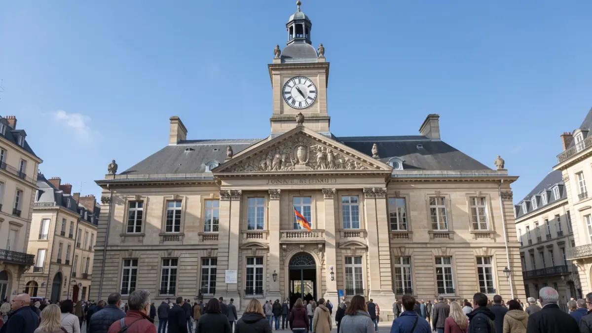 Facade of the Jonage town hall, a classic French municipal building with a clock tower.