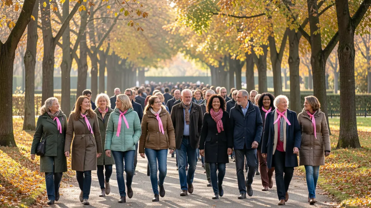 Generic image of people walking together in a park during autumn, some wearing pink ribbons for October Rose.