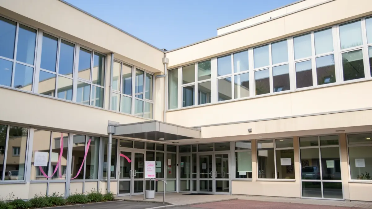 Generic image of the Bourg-en-Bresse hospital with pink ribbons for October Rose.