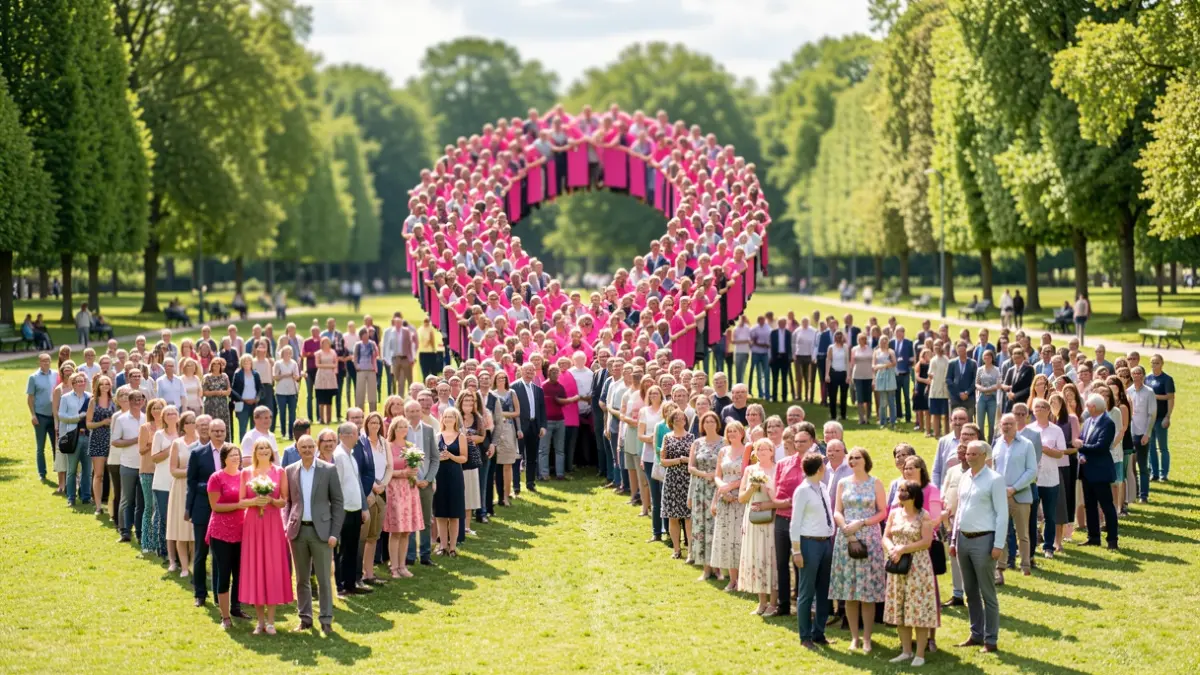Generic image of a large pink human ribbon formed by people in a park.