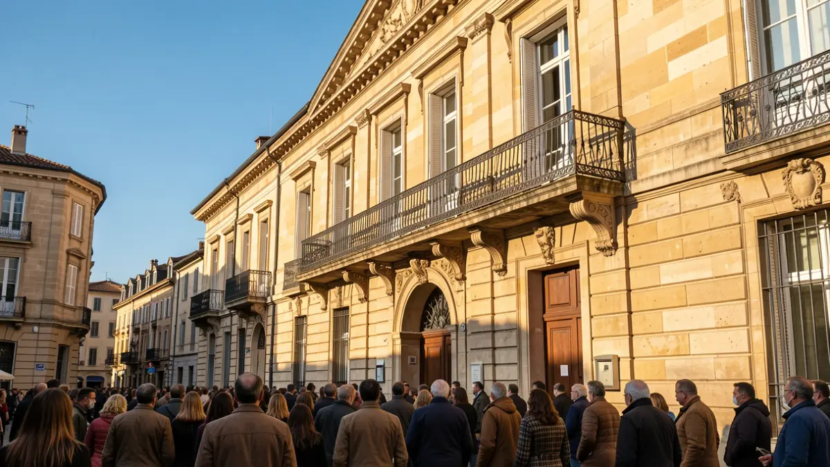 Generic image of a town hall facade with an ornate balcony and iron railings, warm afternoon sunlight casting shadows on sandstone walls, blue sky.