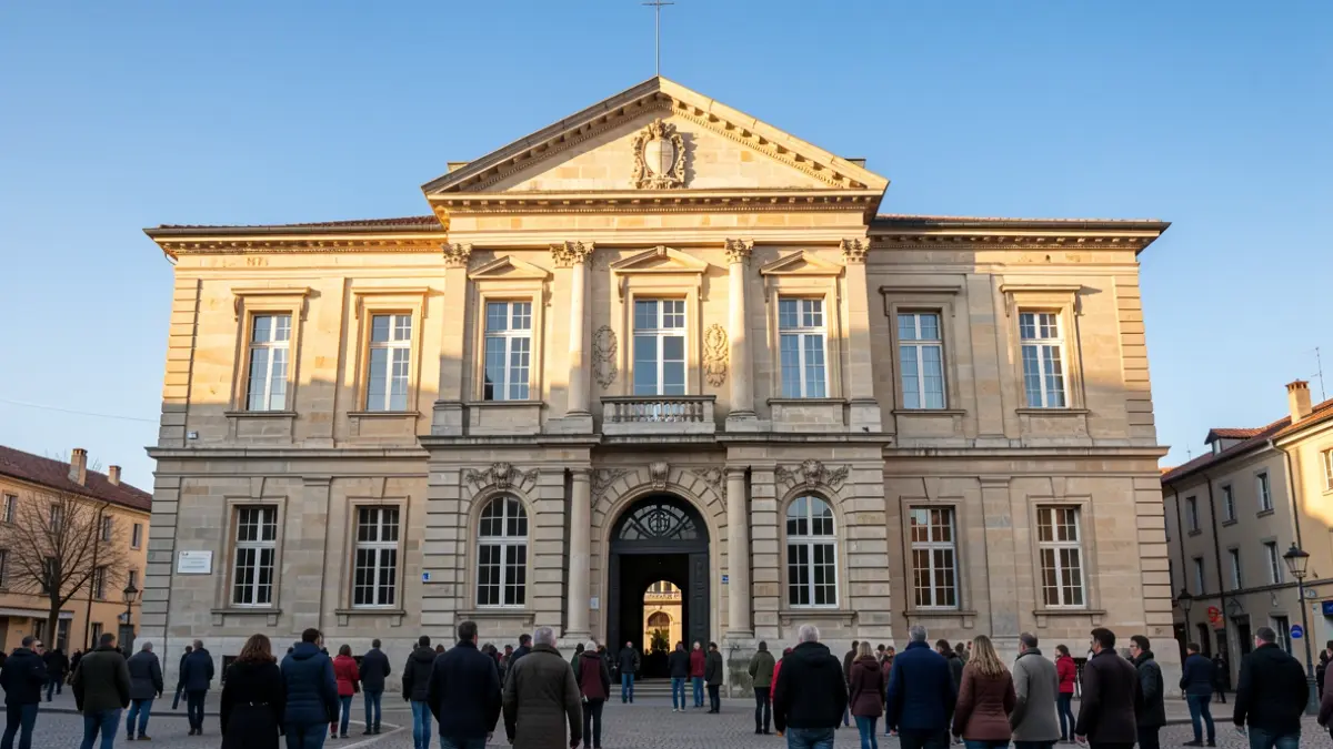 Façade de la mairie de Jonage, un bâtiment de pierre classique avec une entrée voûtée et des fenêtres, sous un ciel bleu clair. La lumière chaude de l'après-midi met en valeur les détails architecturaux.