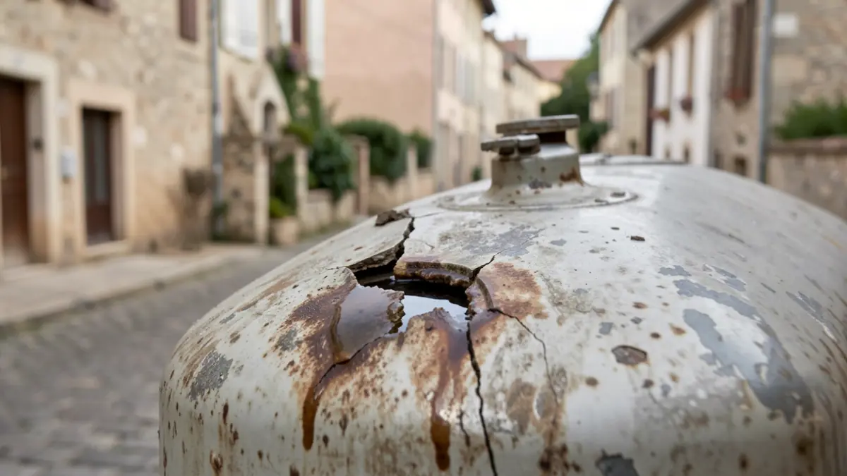 Image générique d'une cuve de fioul fissurée avec une fuite visible, dans un environnement résidentiel.