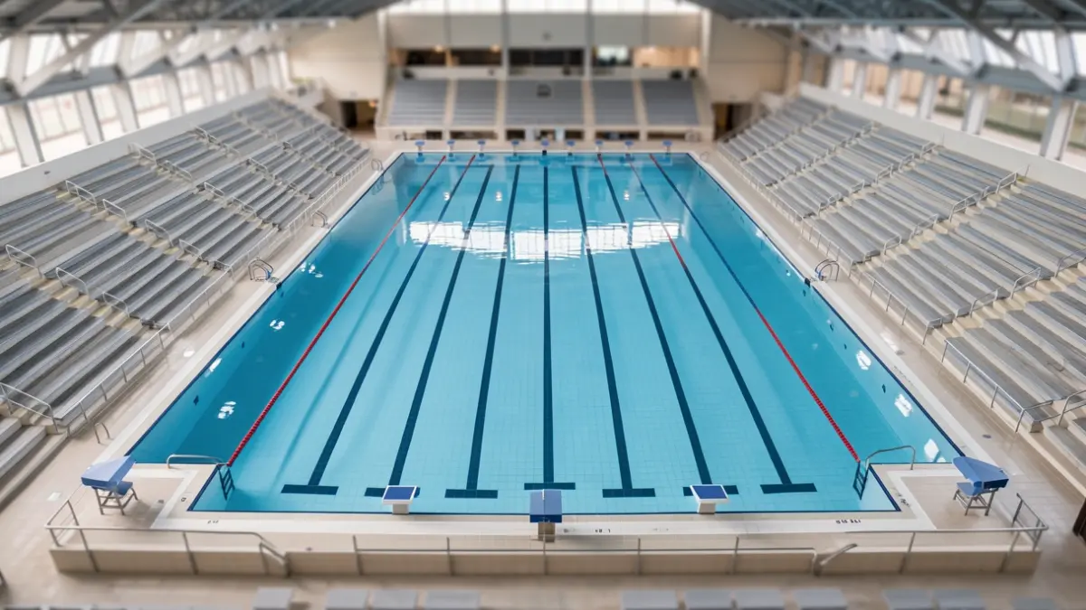 Vue aérienne d'une grande piscine intérieure avec des lignes de compétition et des gradins vides.