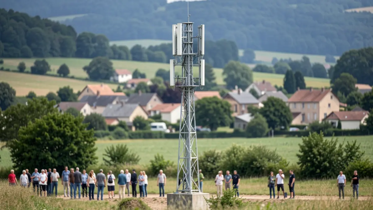 Generic image of a relay antenna installed on private land, with a blurred village in the background.