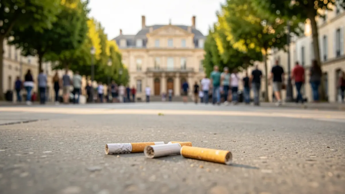 Generic image of cigarette butts on a clean street in Oyonnax, with the town hall in the background.