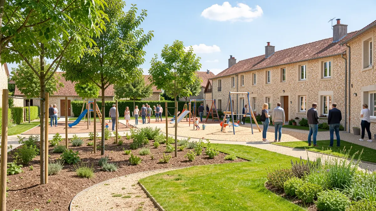 Generic image of a renovated schoolyard with trees and green spaces.