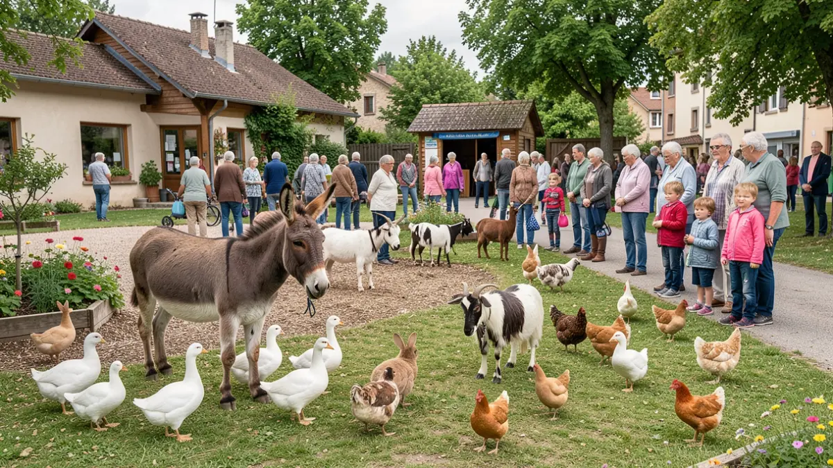 Image générique du parc animalier municipal de Panissières avec ses animaux et des visiteurs.