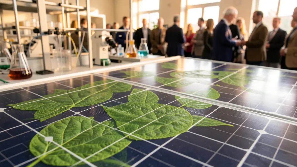 Generic image of a solar panel integrating plant elements. Never use proper names. Never claim it shows the real thing.
