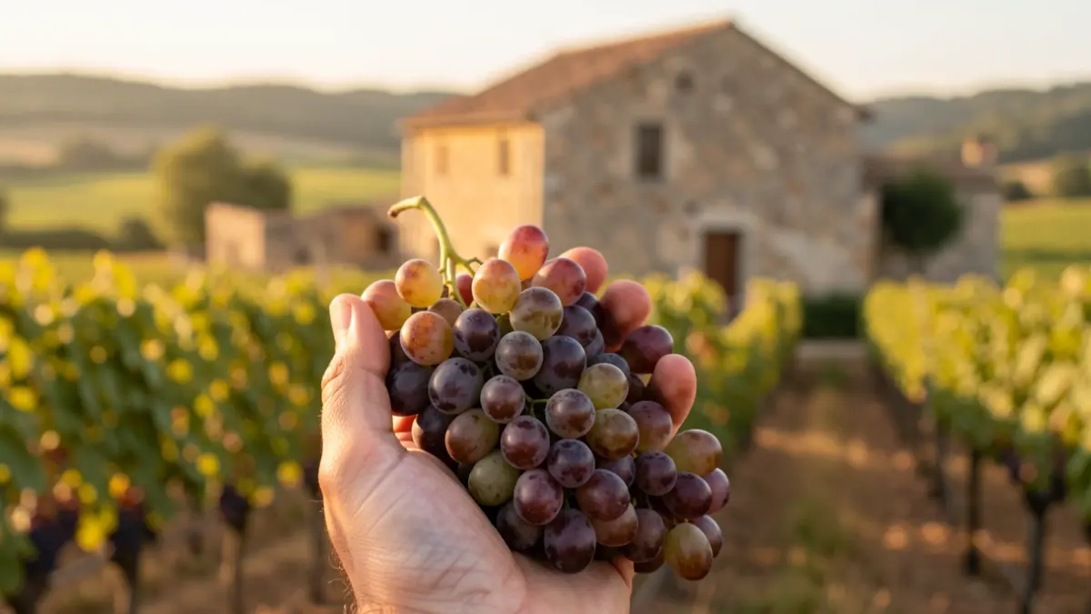 Generic image of grape bunches with a stone building and vineyards.
