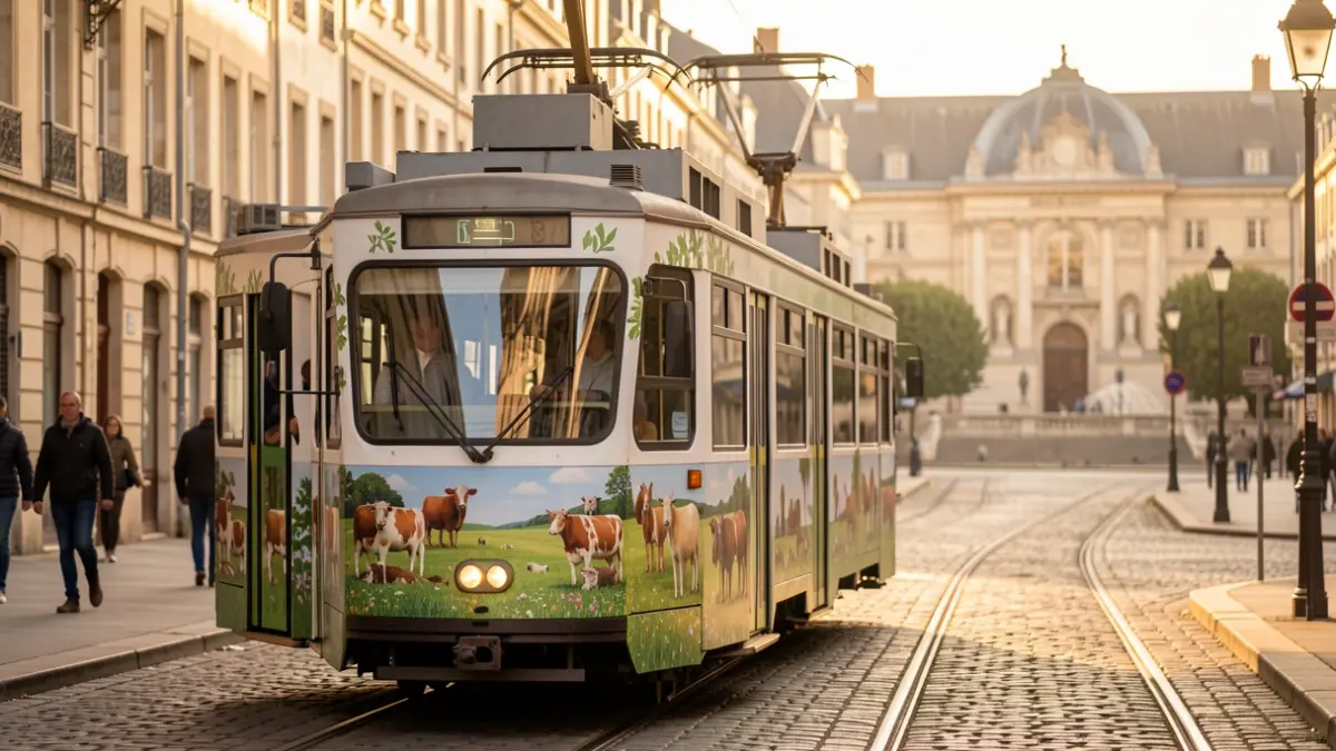 Generic image of a tram decorated for the Pâture, la grande prairie event in Clermont-Ferrand.
