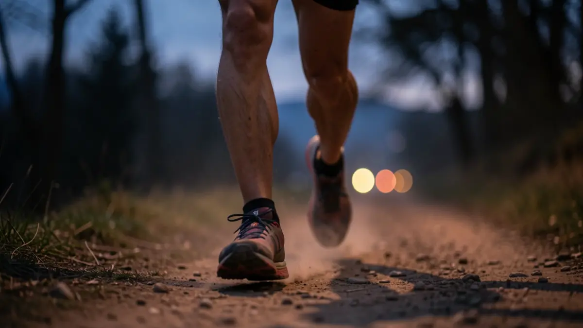 Generic image of a runner's feet on a trail at dusk.