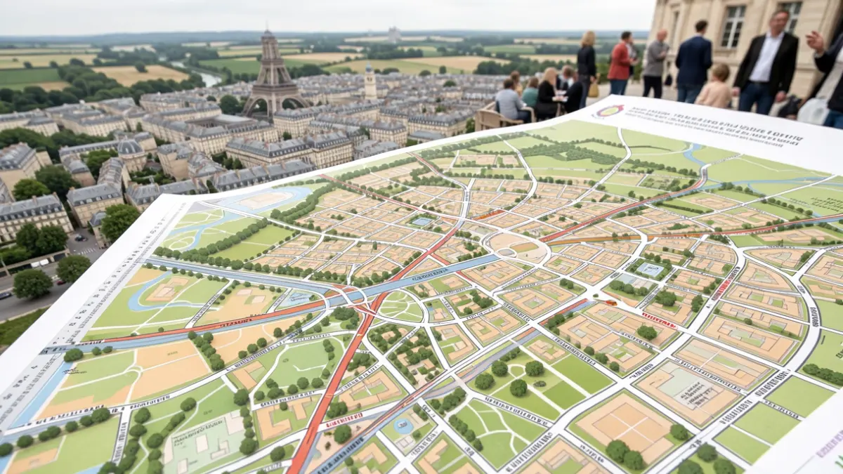 Vue aérienne d'une carte d'urbanisme d'une ville française avec routes et espaces verts.
