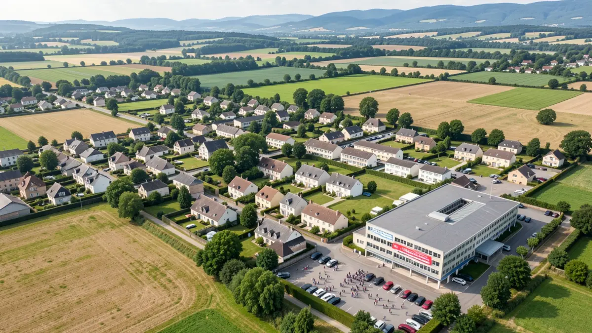 Aerial view of a French commune in Auvergne-Rhône-Alpes, showing a mix of residential buildings, agricultural fields, and natural green spaces. A large public building with a clear signage area is visible.