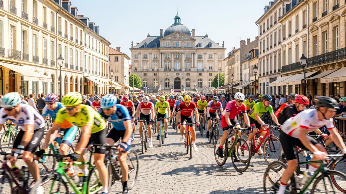 Generic image of a cycling event in a French town with participants and bicycles.