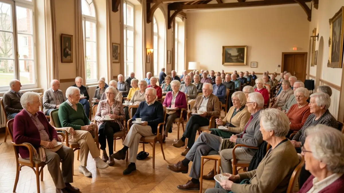 Generic image of an event hall filled with seniors participating in well-being activities, in a warm and bright atmosphere.