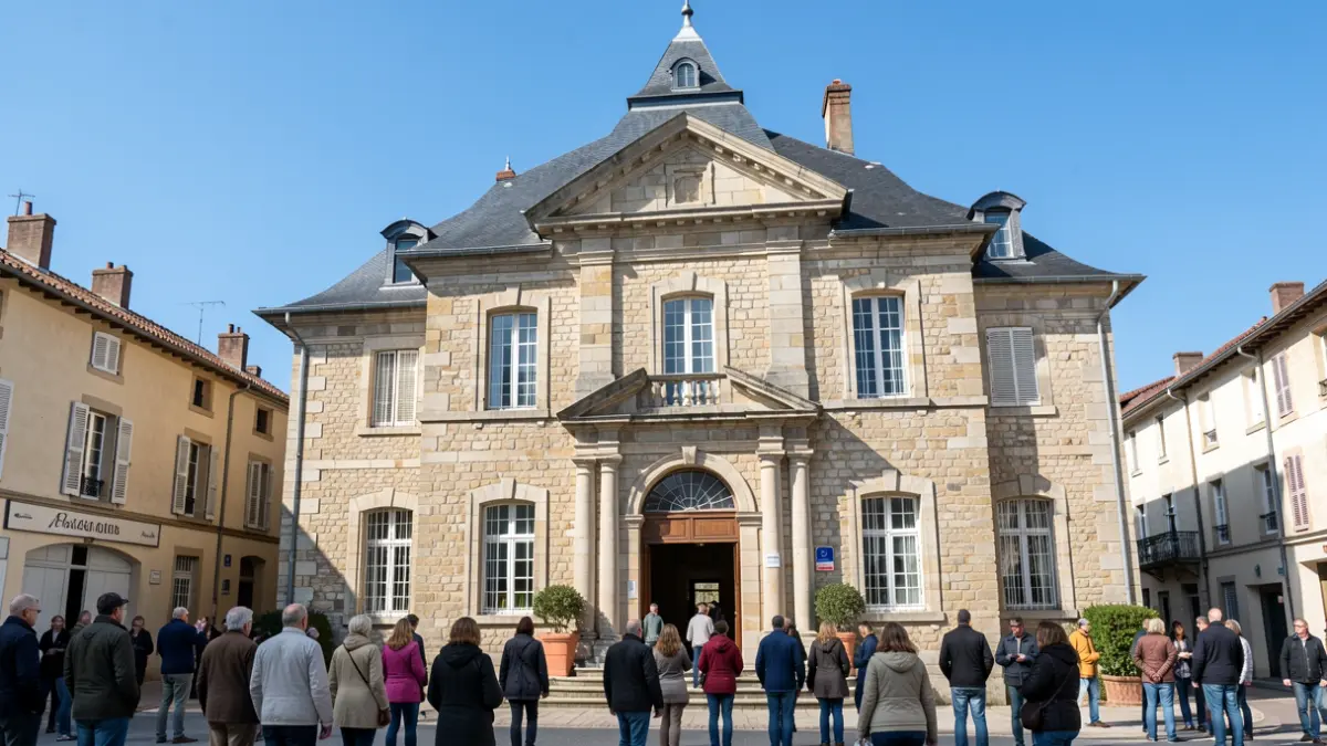 Generic image of a stone town hall facade in a French commune, under a blue sky.