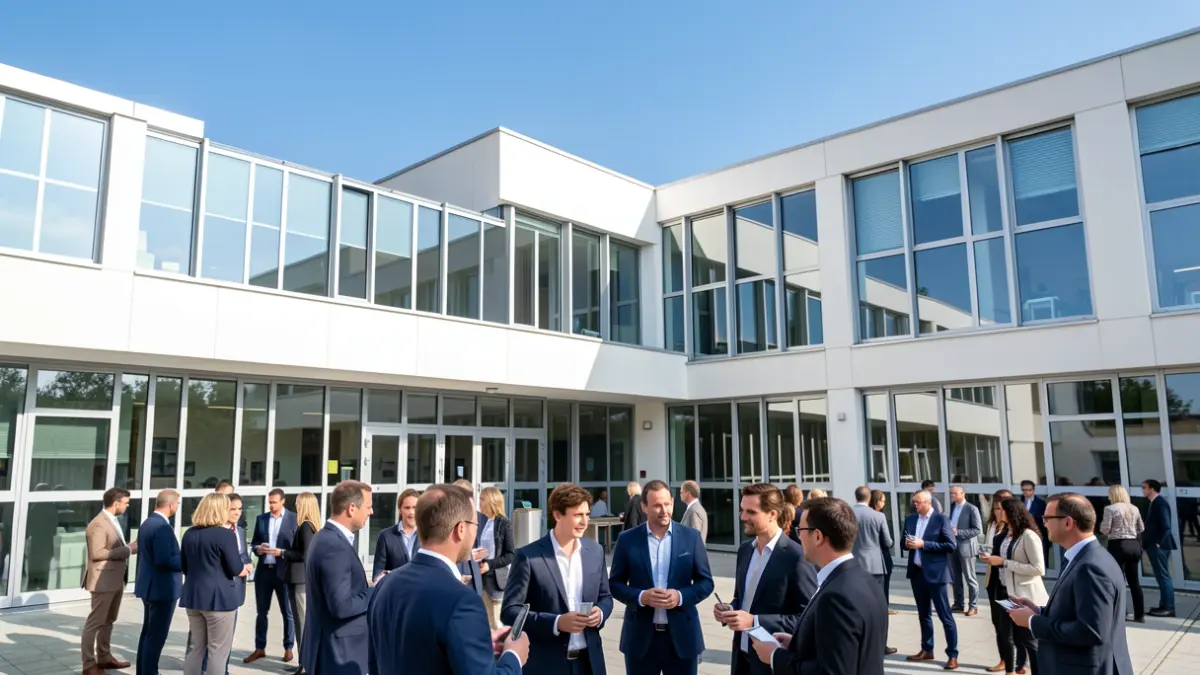 Facade of a modern engineering school building with large windows and clean lines, under a clear blue sky. In the foreground, a diverse group of people in professional attire are discussing, suggesting a collaborative meeting.