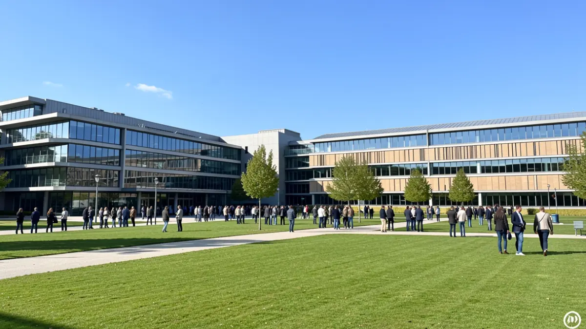 View of the Polytech Clermont campus buildings with modern architecture, green lawns, and clear blue sky, symbolizing academic collaboration and international exchange.