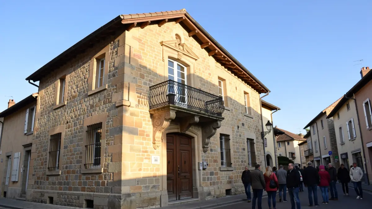 Generic image of a village town hall facade made of local stone, with a balcony and blue sky.