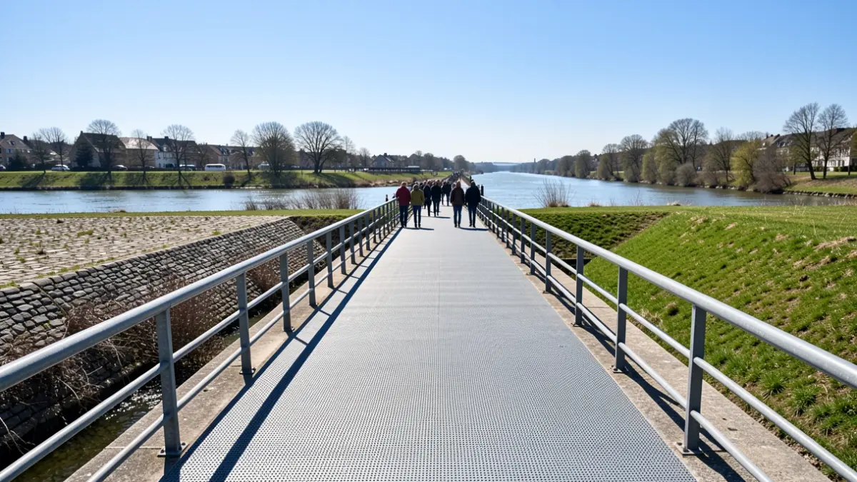 Image générique de pont piétonnier rénové reliant deux communes.