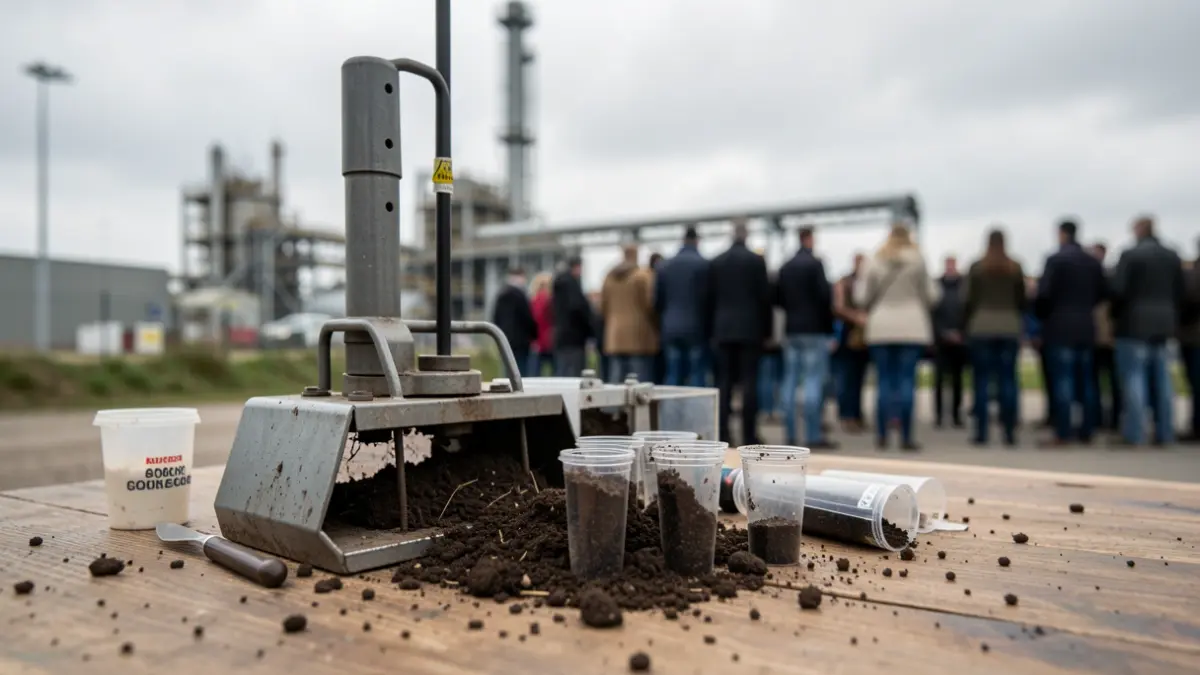 Generic image of soil sampling equipment and collection tubes on a table, with a blurred industrial site in the background.